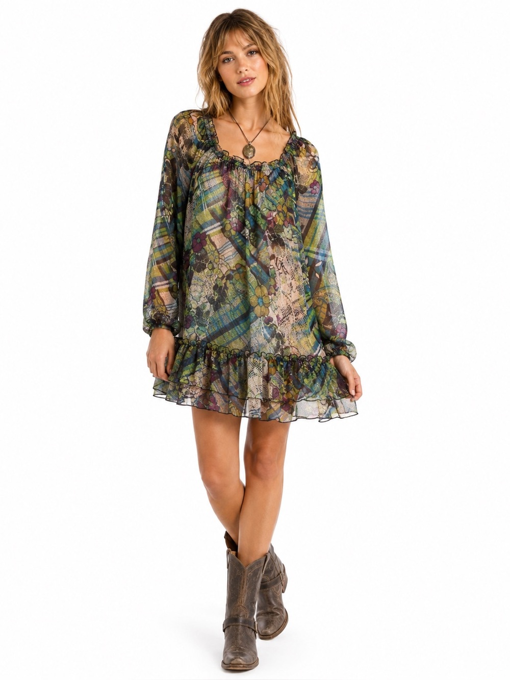 American Rag Cie 1984 Sheer Floral Plaid Boho Tunic‎ Dress Cottagecore Small